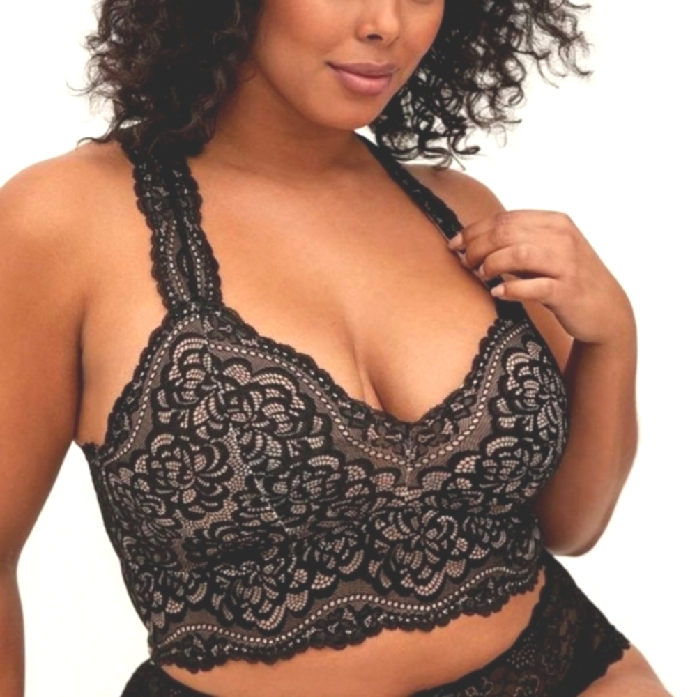 ❤️NWT TORRID BRALETTE - NUDE BLACK LACE UNLINED RACERBACK SEMI-SHEER BRA